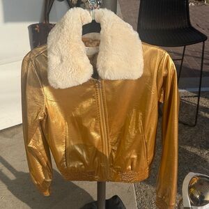 Capulet Gold Bomber Jacket with Cream Faux Fur Collar